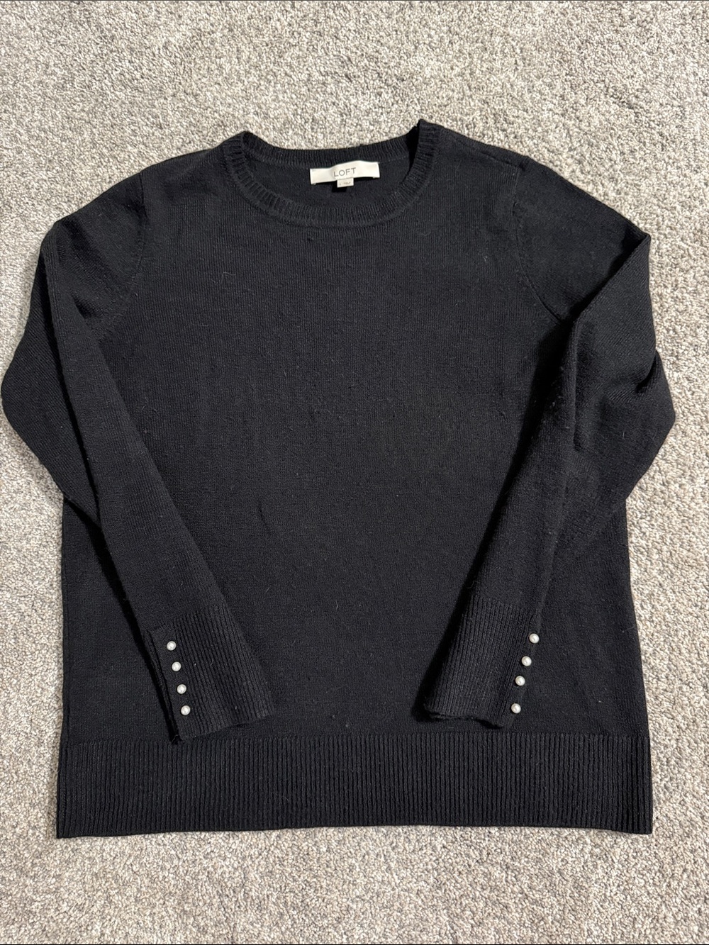 LOFT Black Crewneck Sweater with Cuff Pearl Buttons